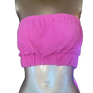 Pink terry cloth, bandeau top white elastic bottom. Size small